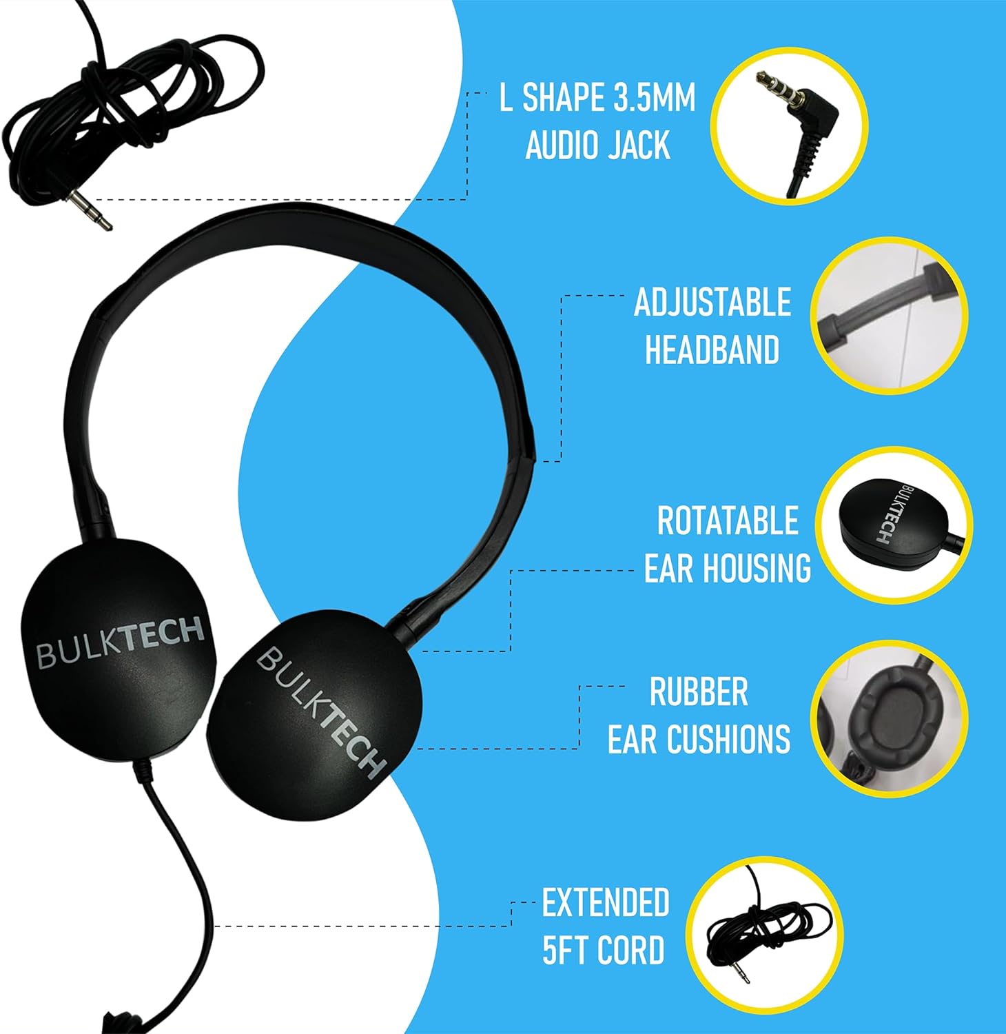 Bulktech Wired On-Ear Rubber Headphones with 3.5mm Connector, Bulk Wholesale