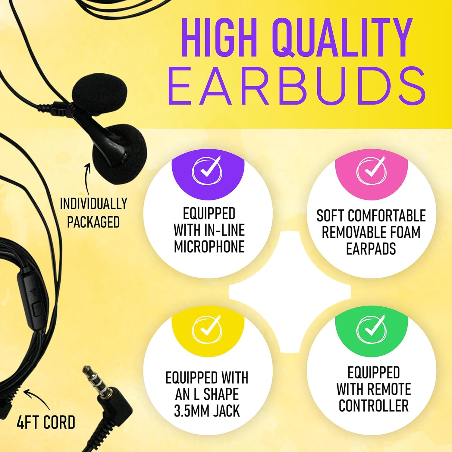 Bulktech Bulk Wired Earphones with Microphone, Remote Controller, 3.5mm Connector and Sponge Covers, Wholesale