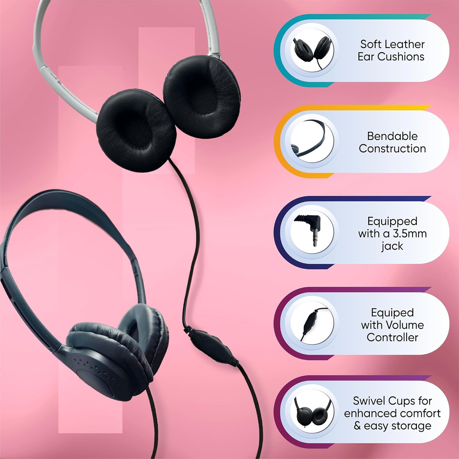 Bulktech Wired On-Ear Leather Headphones with 3.5mm Connector and Remote Control for Volume, Bulk Wholesale